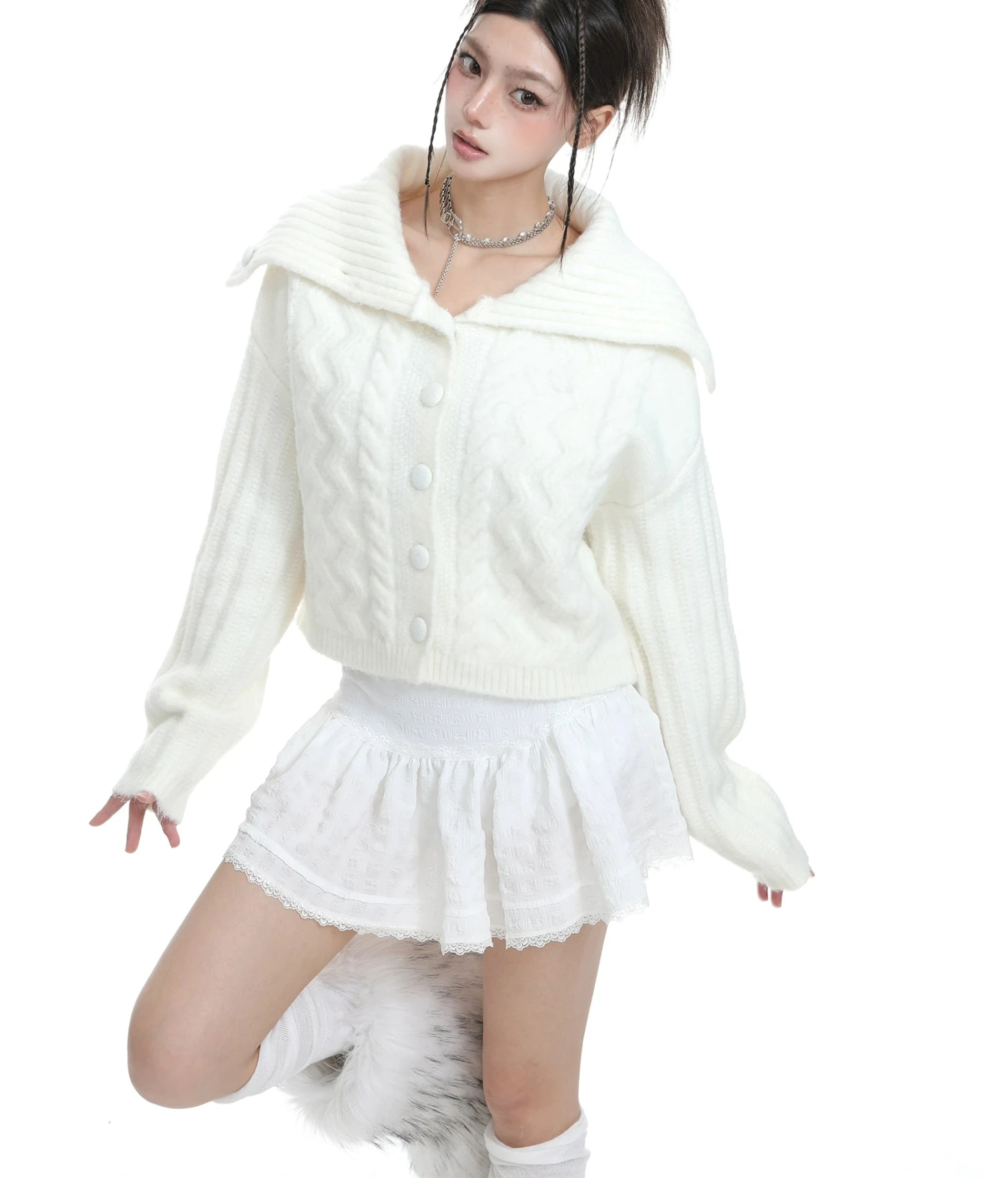 Textured Knit Short Button Cardigan With Sailor Collar 5 Textured Knit Short Button Cardigan With Sailor Collar - Image 5