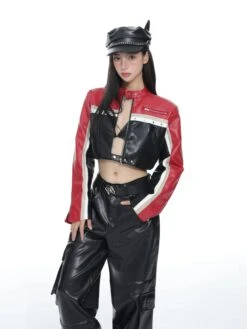 Racer Color-Block Cropped Leather Zip Jacket -Modern Wear Shop 5870cfc491f34dabfa639ef22c96162b