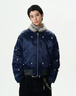 Faux Fur-Collar Bomber Jacket With Studs Detail