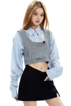Mock Two-Piece Stripe Button Cropped Shirt-Top -Modern Wear Shop 58beebb0024d9b31b10aea343aa1e5dc