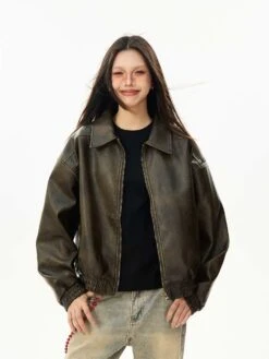 Faux Leather Bomber Jacket With Elastic Cuffs And Hem