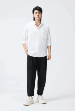 Crinkle Oversized Cropped-Sleeve Button-Up Shirt -Modern Wear Shop 58c6c2b162dd34de4d91366ca935d289
