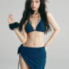 Velvet Textured Bikini Top With Side Tie Skirt Set