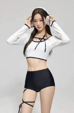 Contrast Hem Long Sleeve Crop Top And High-Waisted Bikini Set -Modern Wear Shop 59439a173f9656708ed9259fda9c435d