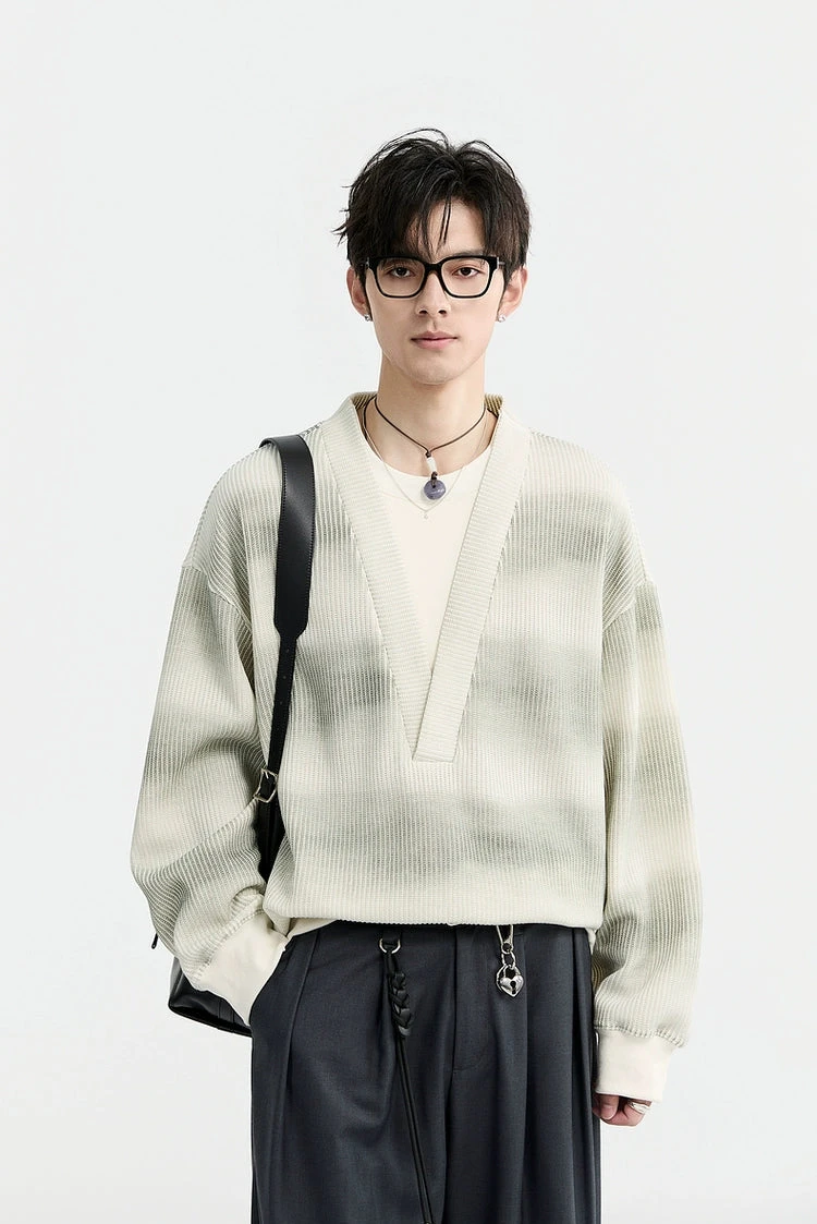 Mock Layered Gradient Ribbed V-Neck Knit Sweater 2 Mock Layered Gradient Ribbed V-Neck Knit Sweater - Image 2