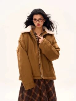 Oversized Contrast Shearling Collar Zip Jacket -Modern Wear Shop 595adf9fee19292ec92b67a35d8c50a3