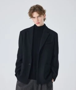 Oversized Single-Breasted Blazer Jacket With Structured Notched Lapel