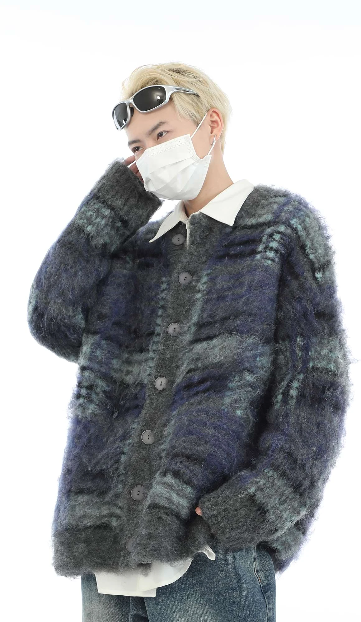 Fuzzy Mohair Knit Plaid Cardigan 2 Fuzzy Mohair Knit Plaid Cardigan - Image 2