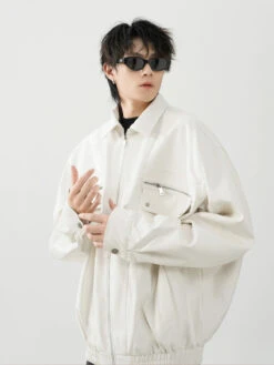 Oversized Leather Collared Bomber Jacket With Zip Pockets -Modern Wear Shop 5994db8e3999498fcbf8484f9fec1994