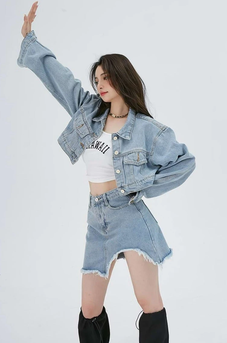 Cropped Denim Jacket And Distressed Hem Mini Skirt Two-Piece Set 4 Cropped Denim Jacket And Distressed Hem Mini Skirt Two-Piece Set - Image 4