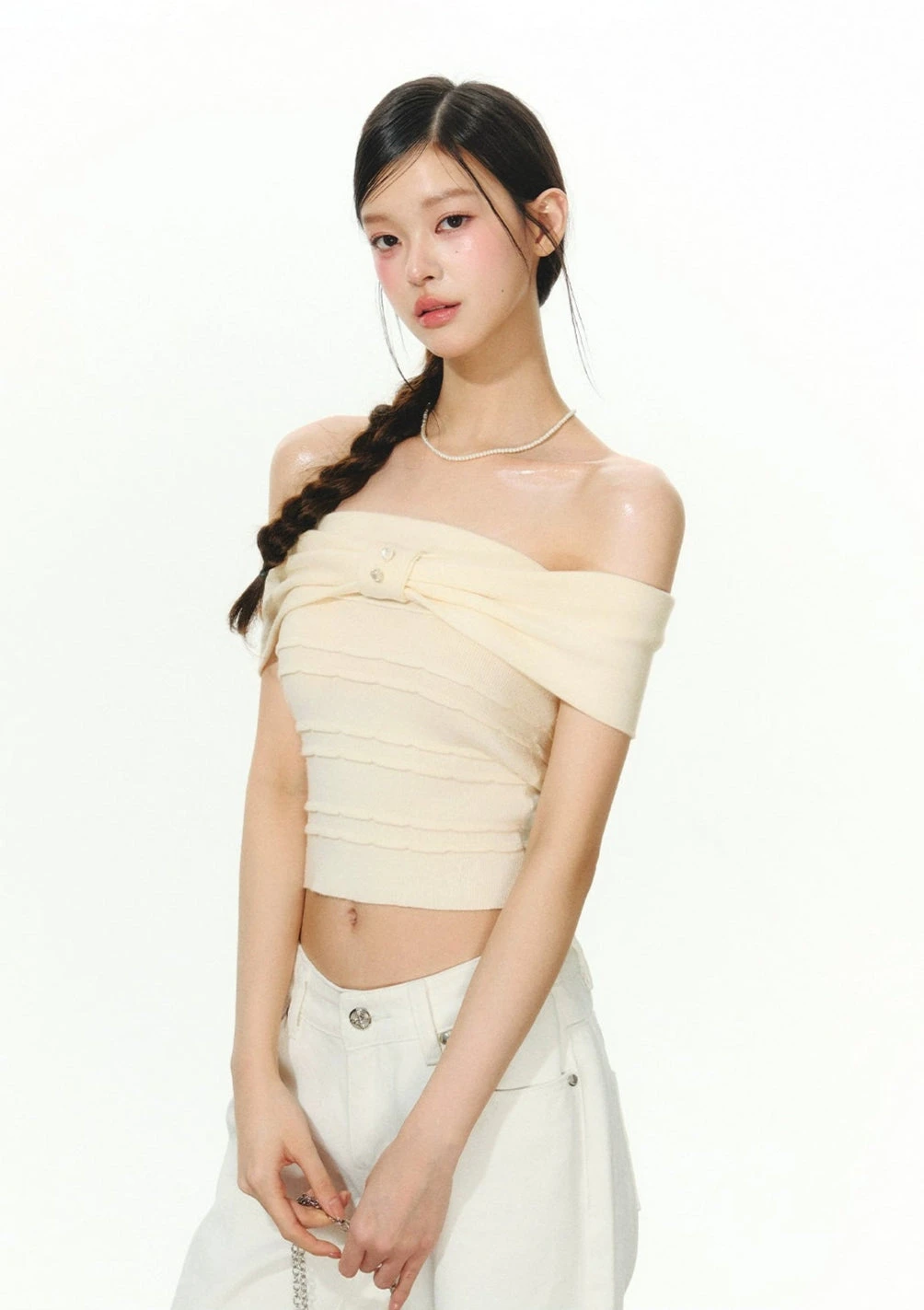 Off Shoulder Crop Top With Layered Detail And Pearl Accent 4 Off Shoulder Crop Top With Layered Detail And Pearl Accent - Image 4