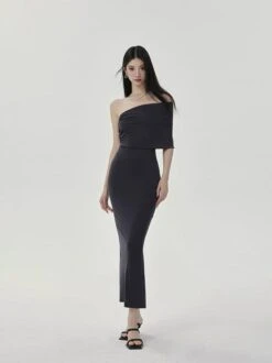 One-Shoulder Ruched Layered Midi Dress -Modern Wear Shop 5a52288547613ad293c4a064da11f41a