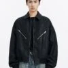 Faux Leather Bomber Jacket With Zip Pocket Details
