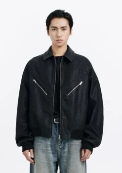 Faux Leather Bomber Jacket With Zip Pocket Details