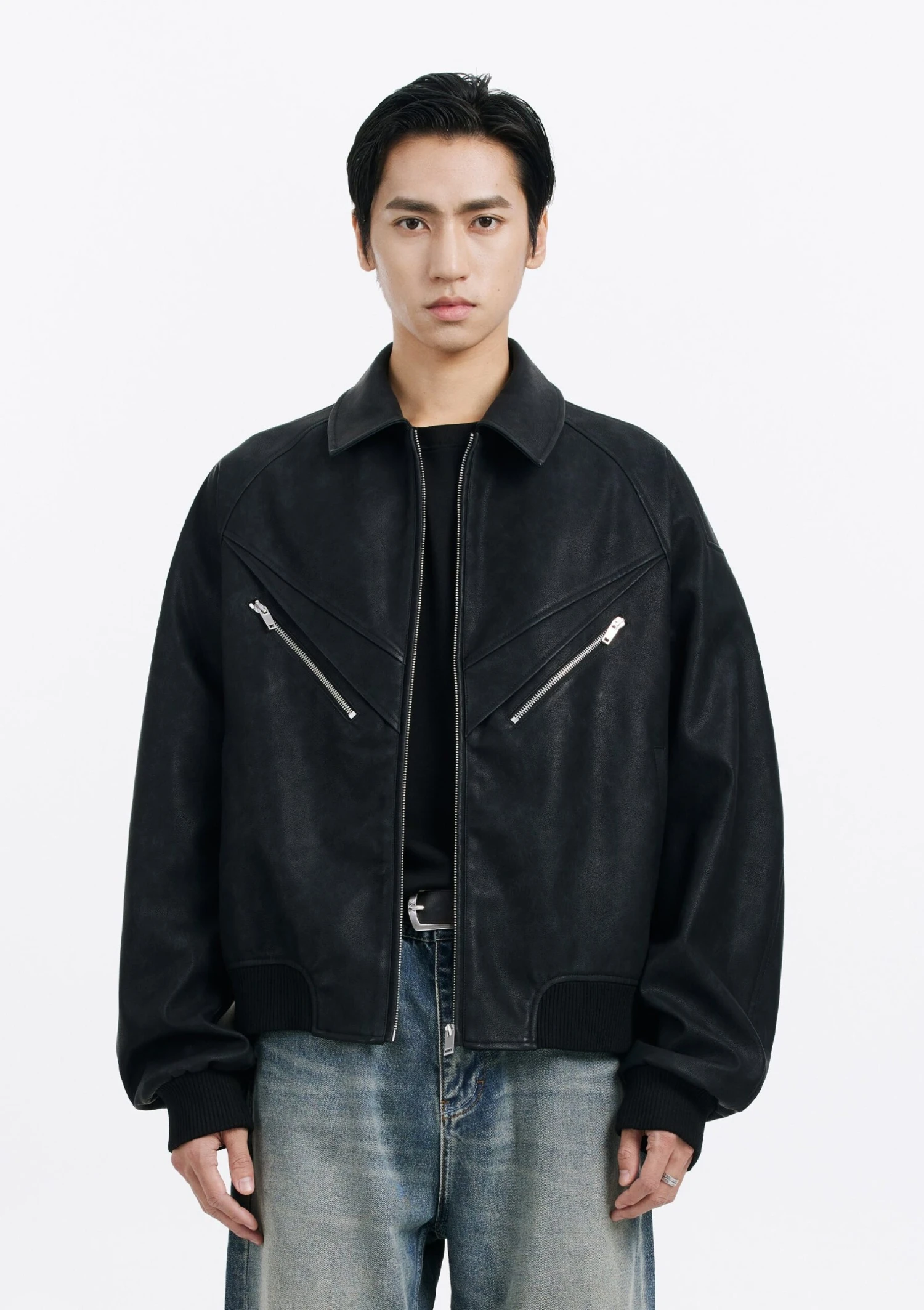 Faux Leather Bomber Jacket With Zip Pocket Details 1 Faux Leather Bomber Jacket With Zip Pocket Details