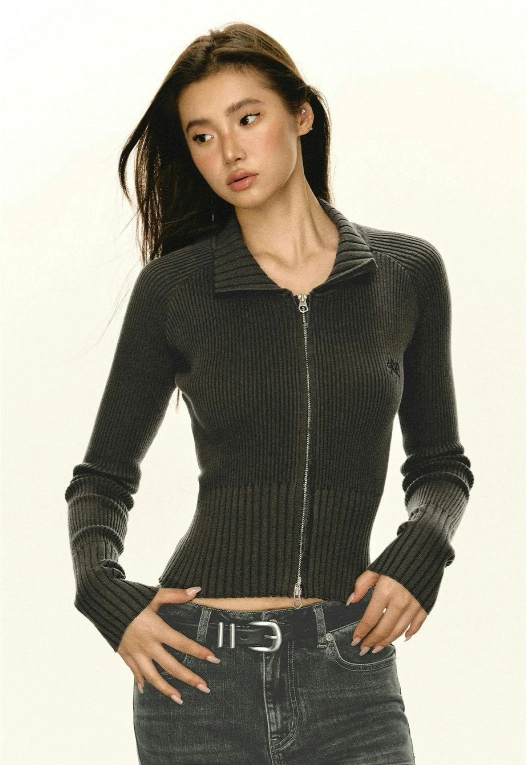 Ribbed Zip-up Slim Cropped Sweater 9 Ribbed Zip-up Slim Cropped Sweater - Image 9