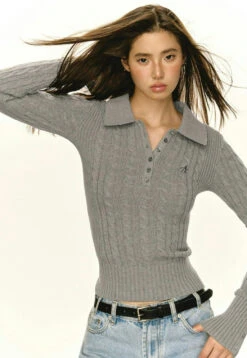 Half-Button Cable Knit Collared Pullover -Modern Wear Shop 5b1de7b1d9cea3aa7598e4c9e43b0412