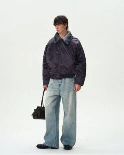 Contrast Faux Fur Collar Glossy Snap Button Bomber Jacket -Modern Wear Shop 5b29288c75ba22c4116fb1c64d842814