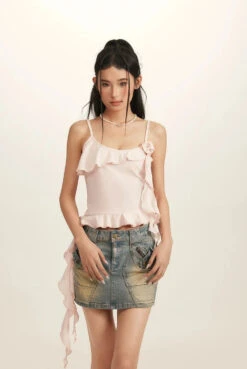 Spaghetti Strap Ruffle Trim Top With Floral Accent -Modern Wear Shop 5b565534e7a89d4ea4dc8bd69807b229