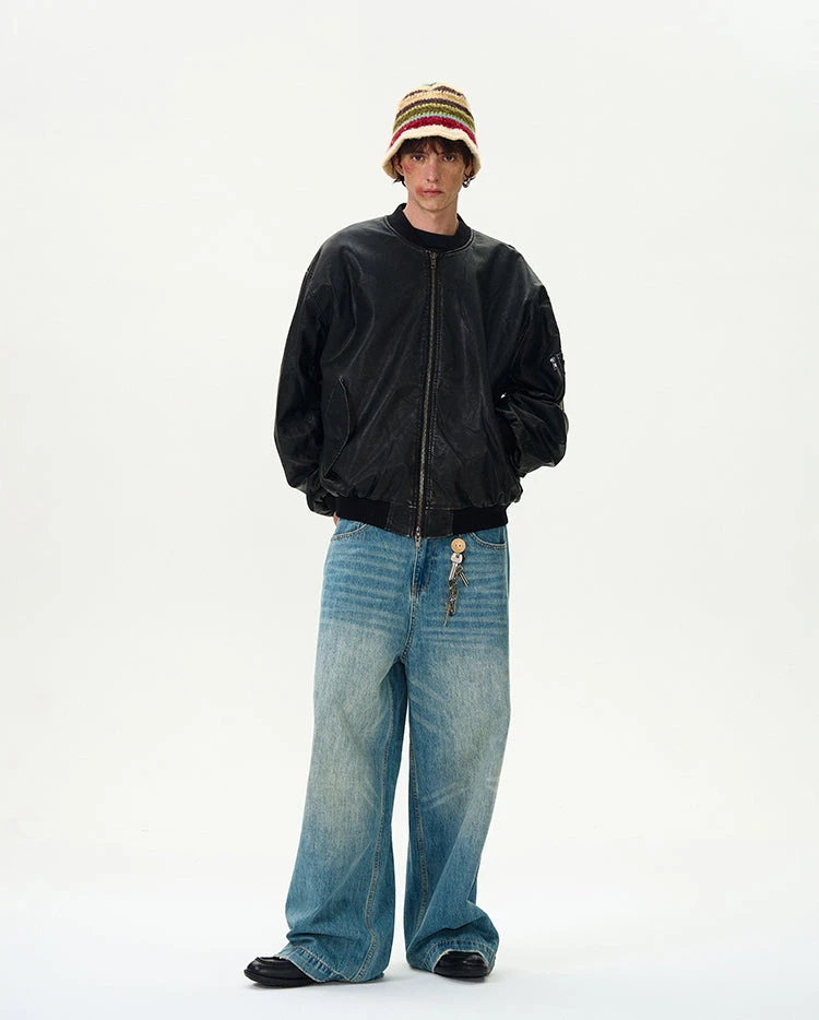 Oversized Distressed Faux Leather Bomber Jacket With Sleeve Pocket 13 Oversized Distressed Faux Leather Bomber Jacket With Sleeve Pocket - Image 13