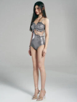Metallic Ruched One-Piece Swimsuit With Tie Front -Modern Wear Shop 5c1a89522133e3b7f9284ef476a45836