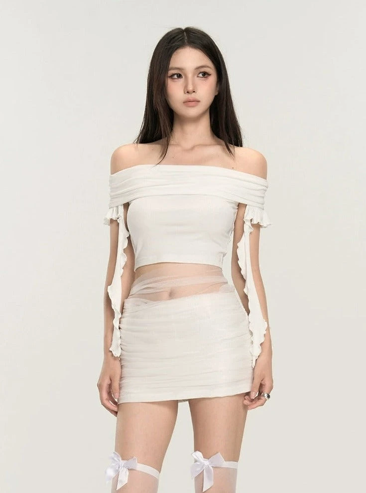 Off-Shoulder Ruched Crop Top With Tie Sleeves 3 Off-Shoulder Ruched Crop Top With Tie Sleeves - Image 3