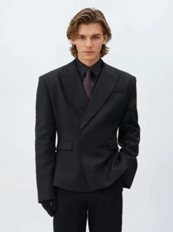 Wide-Lapel Structured Double-Breasted Blazer