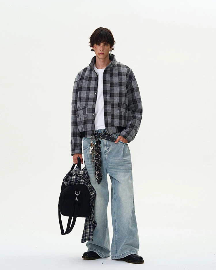 Plaid Bomber Jacket With Stand Collar 10 Plaid Bomber Jacket With Stand Collar - Image 10