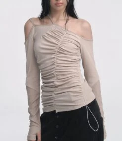 Asymmetric Ruched Off-Shoulder Long Thumbhole Sleeve Top -Modern Wear Shop 5cc0c35b1d0fcb1b677b6530e97061e2