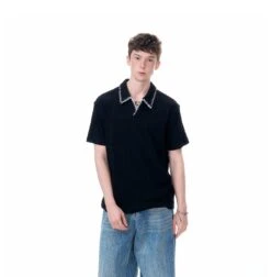 Cable Knit Short Sleeve Polo Shirt With Contrast Trim Collar -Modern Wear Shop 5ce85b077a5abb727a7ef6f9511be2c5