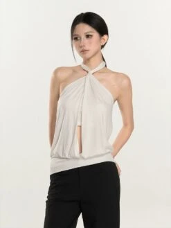 Twist Halter Neck Draped Blouse With Cutout -Modern Wear Shop 5d0226b5d7366619f80caef1badf876c