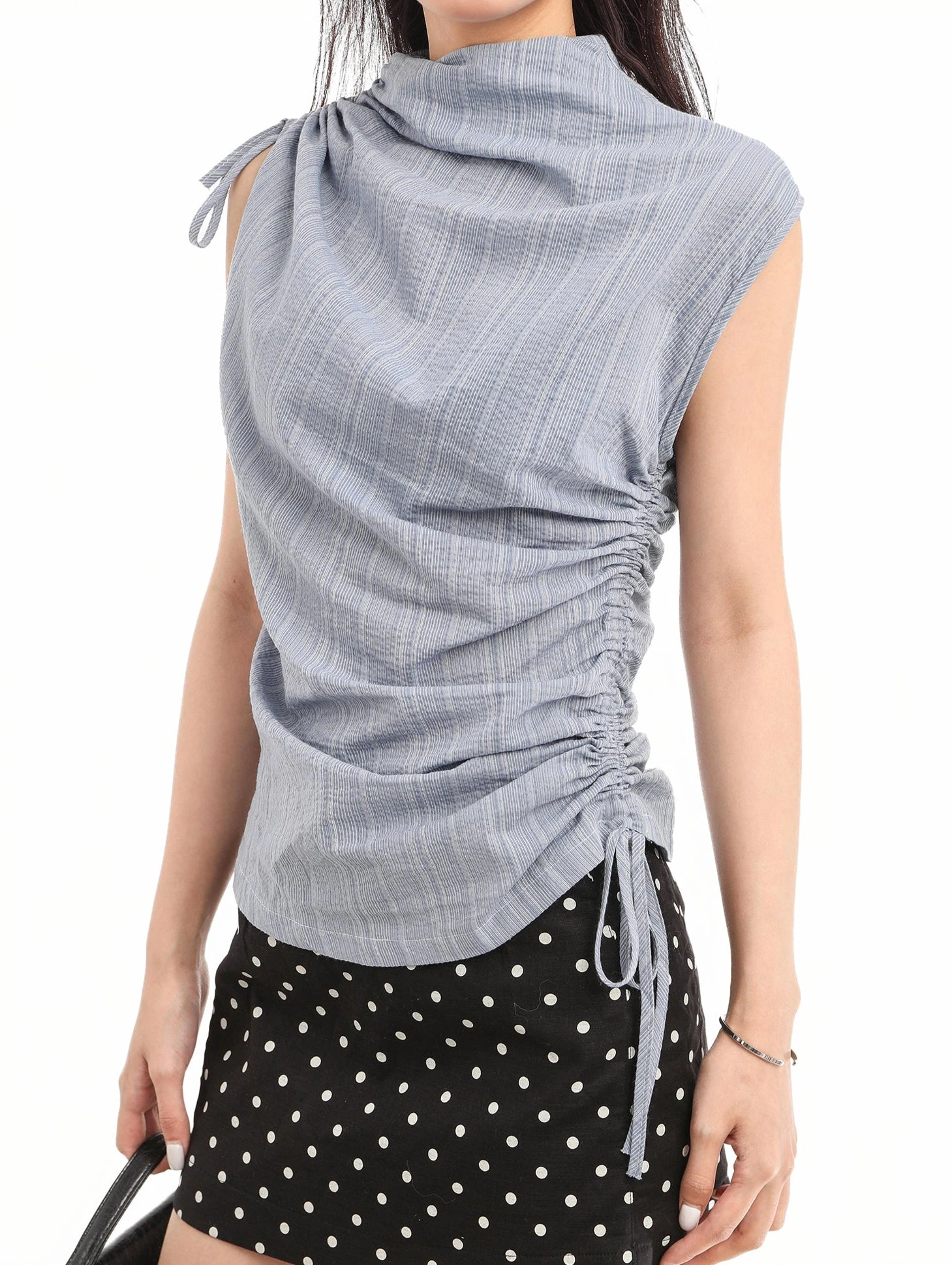 Ruched Side And Shoulder Sleeveless Top With Subtle Stripe Texture 5 Ruched Side And Shoulder Sleeveless Top With Subtle Stripe Texture - Image 5