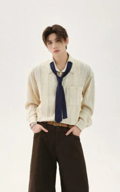 Textured Long Sleeve Button-Up Stripe Shirt With Chest Pocket And Necktie