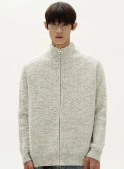 Fuzzy Ribbed Trim Mock Neck Zip Jacket