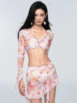 Ruffled Floral Tie-Front Swim Set With Skirt