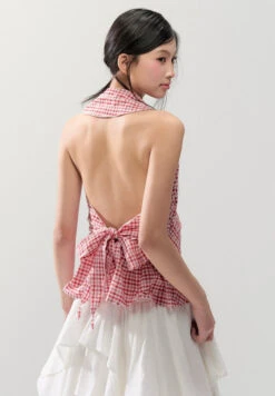 Sleeveless Checker Ruffle Front Tie Halter Top -Modern Wear Shop 5ef9f76a665047ff2de0709df52c242e