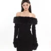 Off-Shoulder Faux Fur Trim Mini Dress