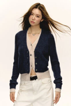 Mock Layered Ribbed Trim Knit Cardigan