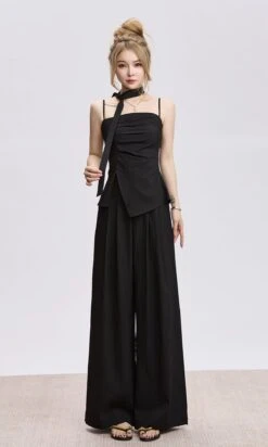 Adjustable Strap Ruched Top With Side Slit And Wide Leg Pleated Pants Two-Piece Set -Modern Wear Shop 5f8a0fa42a07e279463e10749536bddb
