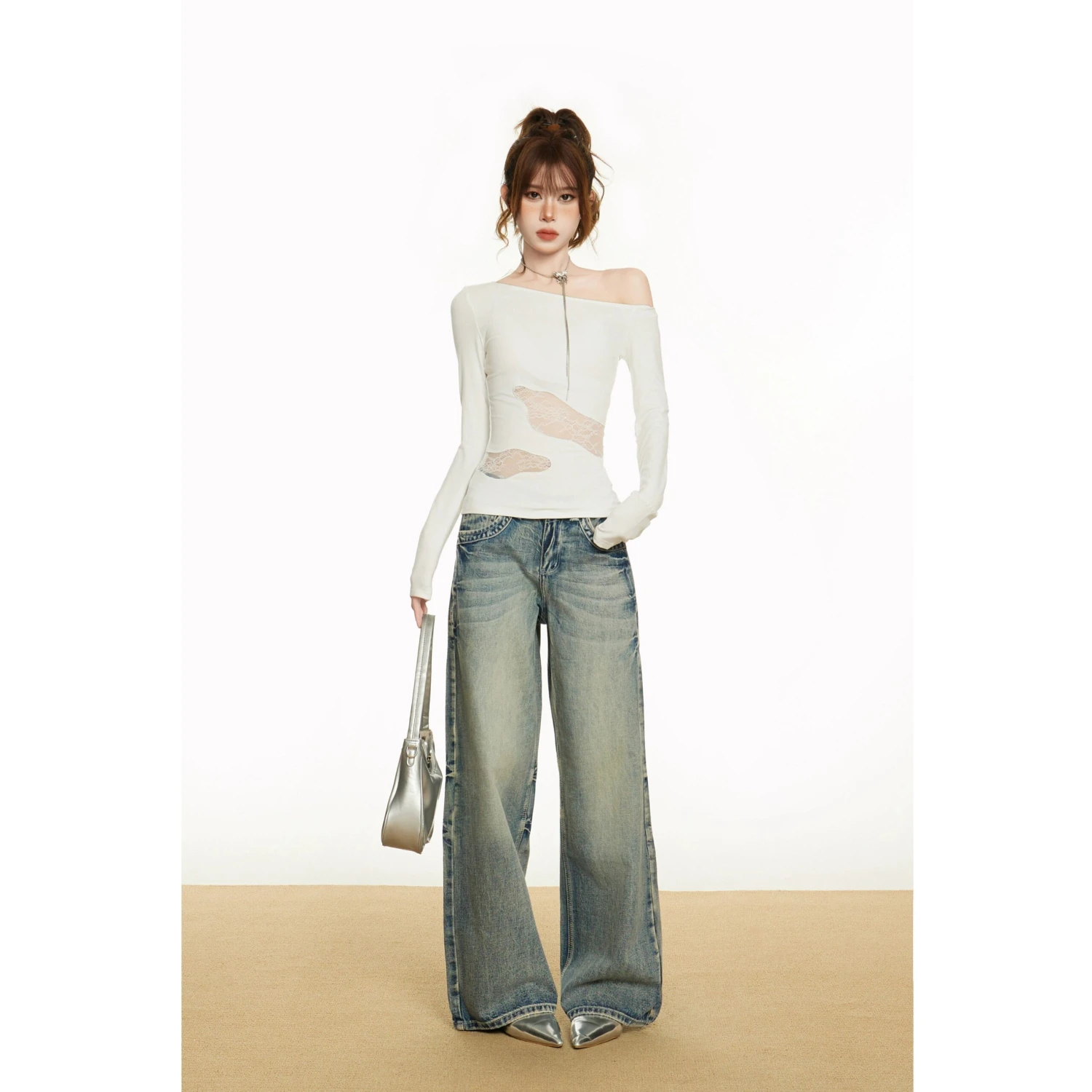 Off-Shoulder Lace Panel Long Sleeve Top 4 Off-Shoulder Lace Panel Long Sleeve Top - Image 4