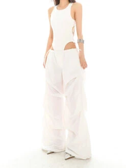 Wide Leg Lightweight Pleated Pants With Elastic Waist