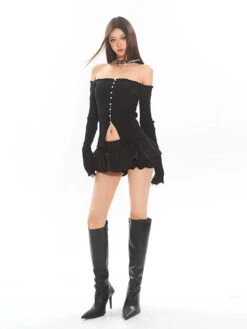 Off-Shoulder Ribbed Crop Top With Pearl Button Detail -Modern Wear Shop 606dba82122cdcbe96b87e12df7dd91d