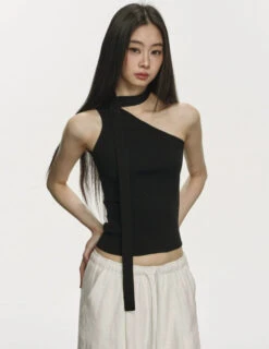 Ribbed One Shoulder Knit Top With Scarf Detail -Modern Wear Shop 60766b4f4c36ac8bf555e0c5ac4e91d3