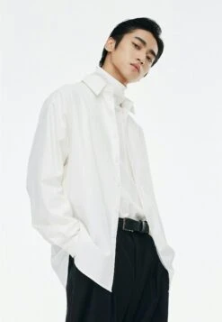 Oversized Button-Down Shirt With Stand Collar -Modern Wear Shop 6099c1366571dd9cfd9a66cdfbc726df