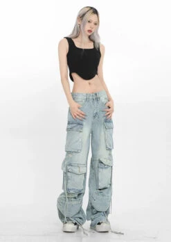 Patchwork Denim Cargo Pants With Strap Details -Modern Wear Shop 60a91c9f7bc9ccefb852bb1853f58d0a