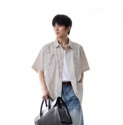 Oversized Stripe Short Sleeve Button Shirt With Chest Pockets -Modern Wear Shop 60b2c4334986faaa9fe2dbc29ff3eb5a