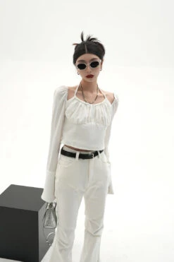 Sheer Long Sleeve Ruched Halter Blouse With Flared Cuffs -Modern Wear Shop 60c2018cf312c0aec64d8e42526a9d31