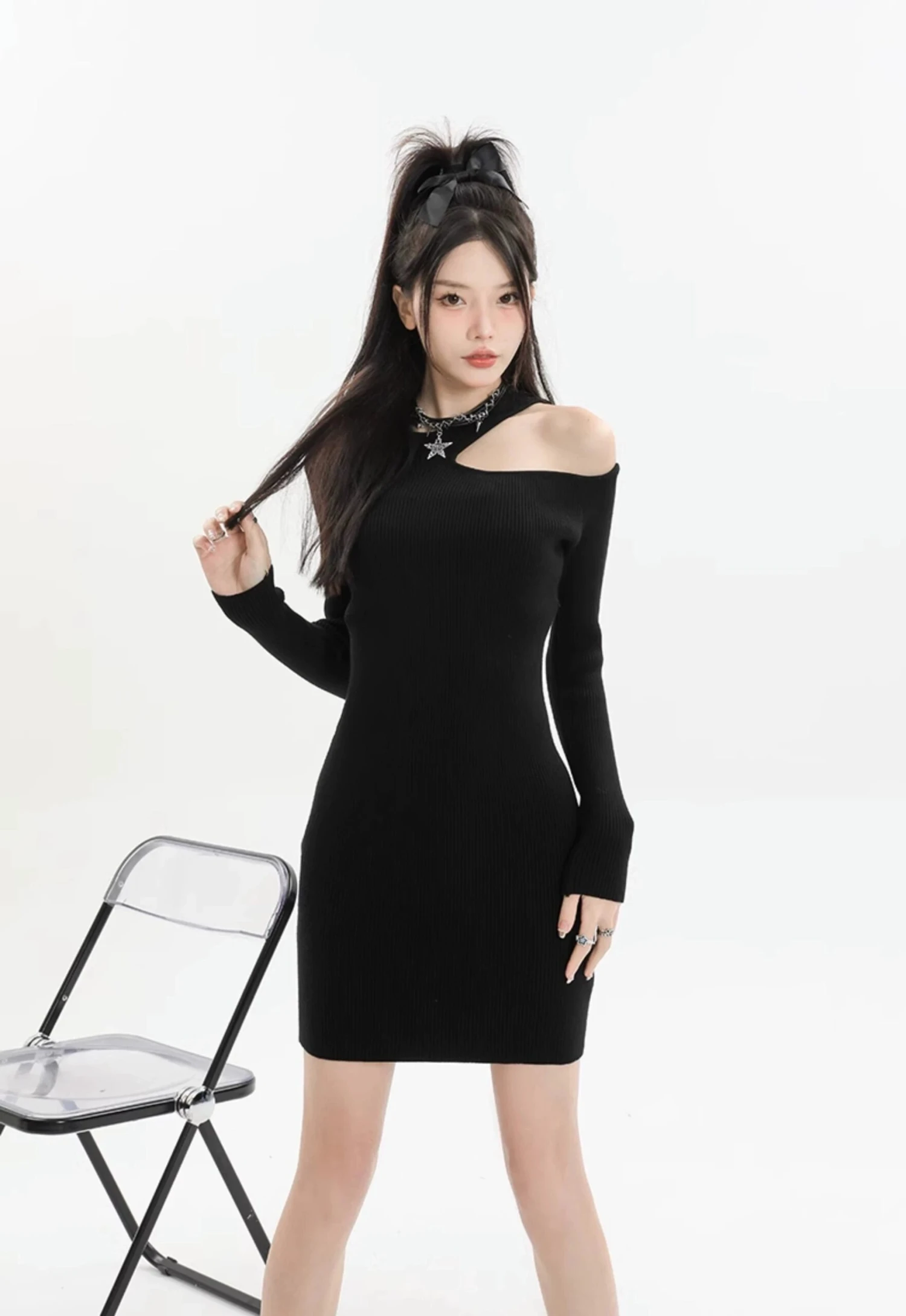Asymmetric Collar Long Sleeve Bodycon Mini Dress 2 Asymmetric Collar Long Sleeve Bodycon Mini Dress - Image 2