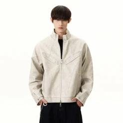 Panel-Stitch Faux Leather Racer Zip Jacket -Modern Wear Shop 612023999b04df731ffc5e99d25c243a