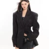 Oversized Double Breasted Boxy Blazer Suit With Metallic Brooch